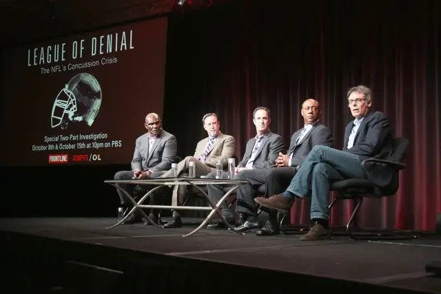 NFL Hall of Famer Harry Carson, investigative reporter and author Mark Fainaru-Wada, journalist and ESPN writer Steve Fainaru, senior coordinating producer at ESPN Dwayne Bray and filmmaker Michael Kirk speak onstage during the 'League of Denial: The NFL's Concussion Crisis' panel at the TCA earlier this month